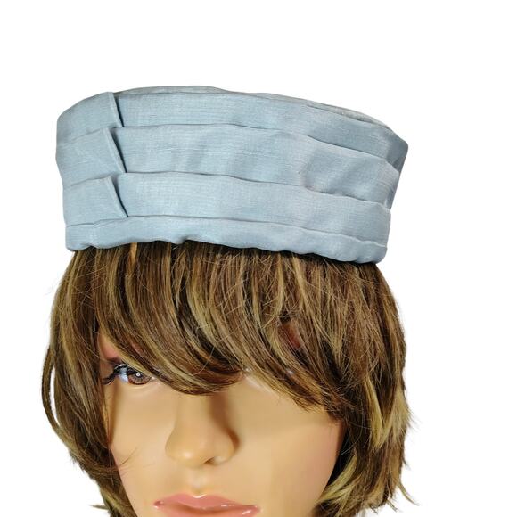 1960s Light Blue Pill Box Hat Hand Crafted Pleated Hat Band Design Size 6 Women - Picture 3 of 7